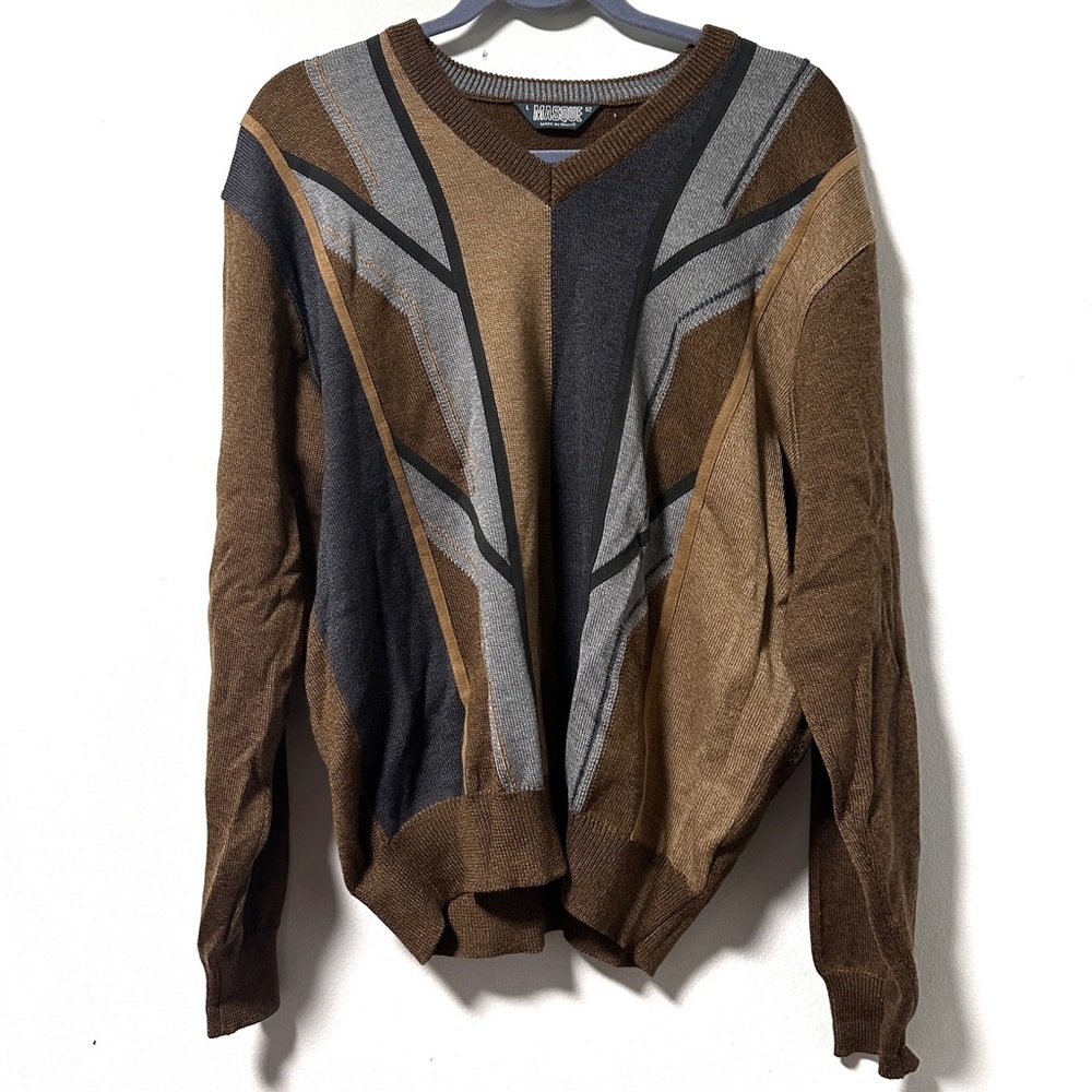 Vintage Masque Merino Wool Brown Gray V-Neck Sweater Men’s Size Large Italy RARE